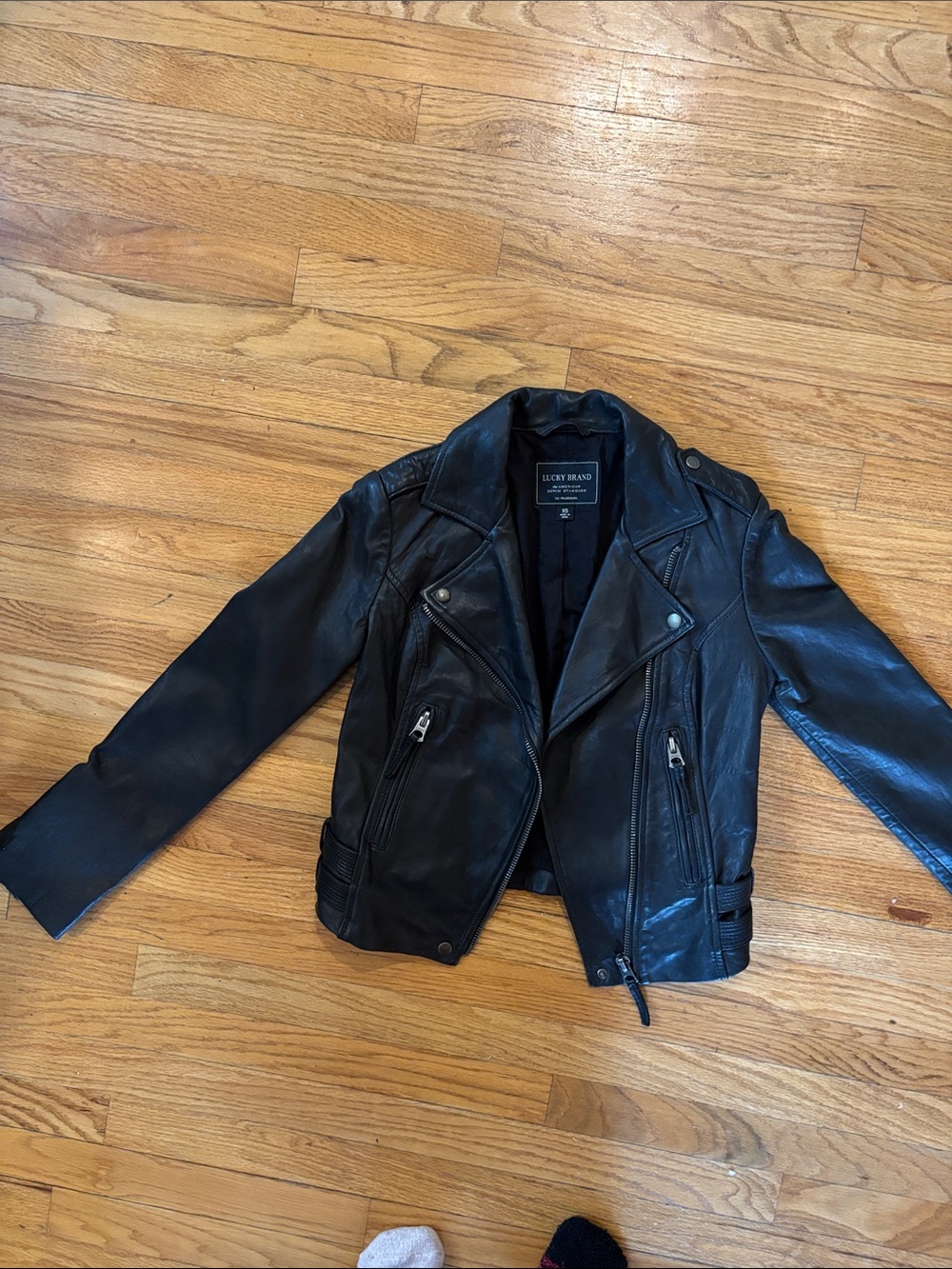 Lucky Brand Black Leather Moto Jacket with Zip Details XS